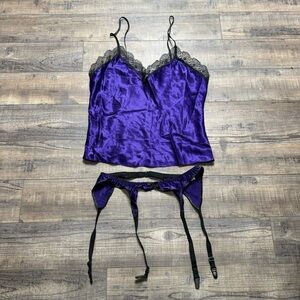 Vintage Victoria Secret Purple Lace Trim Satin Camisole and Garter Set